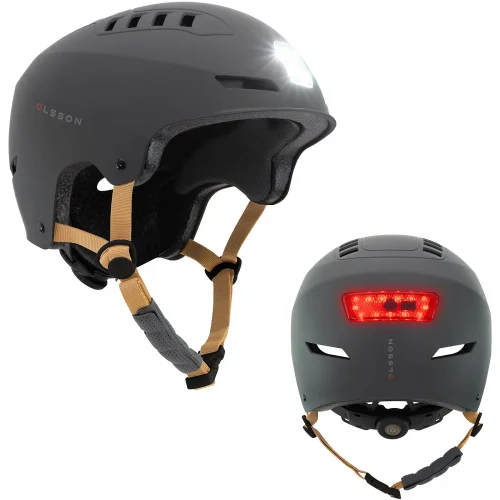 Casco URBAN LIGHT Negro Antracita con Luz para Bicicleta, Patinete Eléctrico, Skate y Patines OLSSON